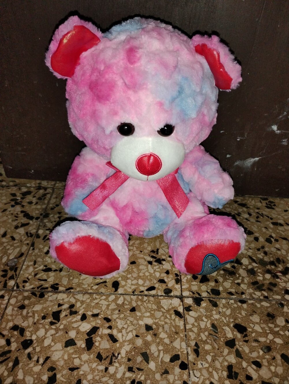 Soft Pink & Blue Plush Teddy Bear with Red Accents - Kids Toy
